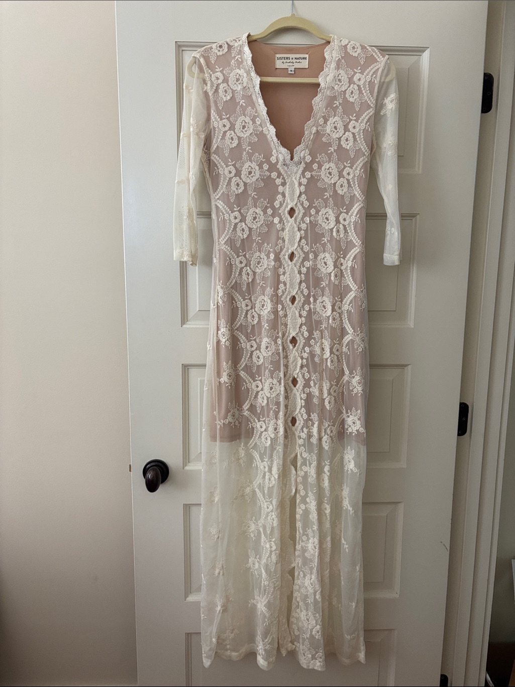 Sheer Ivory Lace Button-Front Maxi Dress